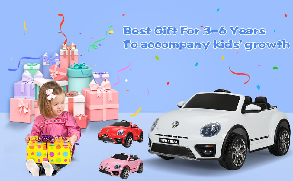 12V Licensed Volkswagen Beetle Dune Electric Cars for Kids with Remote Control, White 4g 1