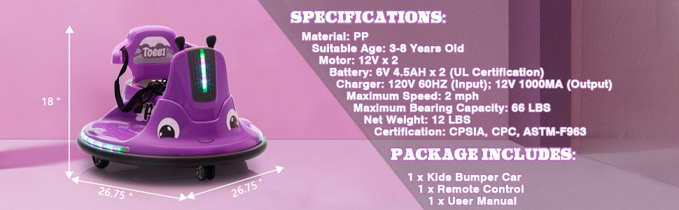 12V Kids Ride on Electric Bumper Car with Remote Control, 360 Degree Spin for Toddlers Age 3-8, Dark Purple, Snail-Giant African Land Snail 6 102