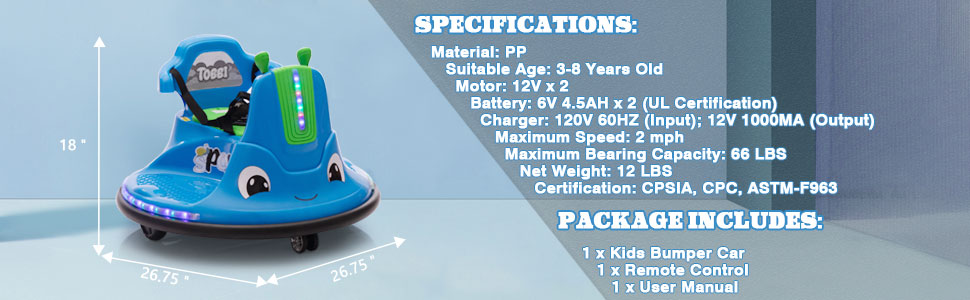 12V Kids Ride on Electric Bumper Car with Remote Control, 360 Degree Spin for Toddlers Age 3-8, Blue, Snail-Asian Trampsnail 8 49