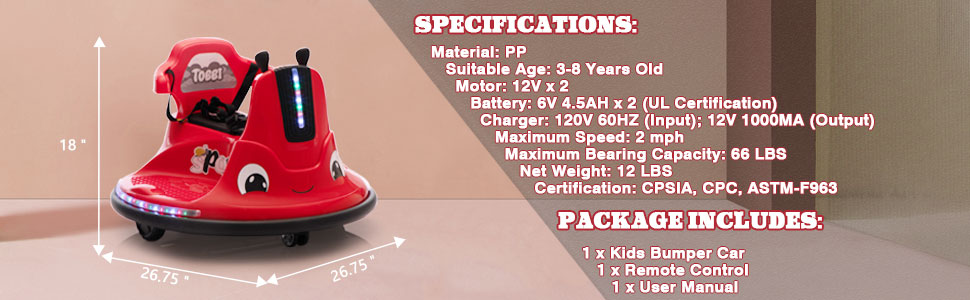 Tobbi 12V Electric Bumper Car, Battery Powered Kids Ride On Toy Car with Remote Control, 360 Degree Spin for Toddlers Age 3-8, Red, Snail-Asian Trampsnail 8 51
