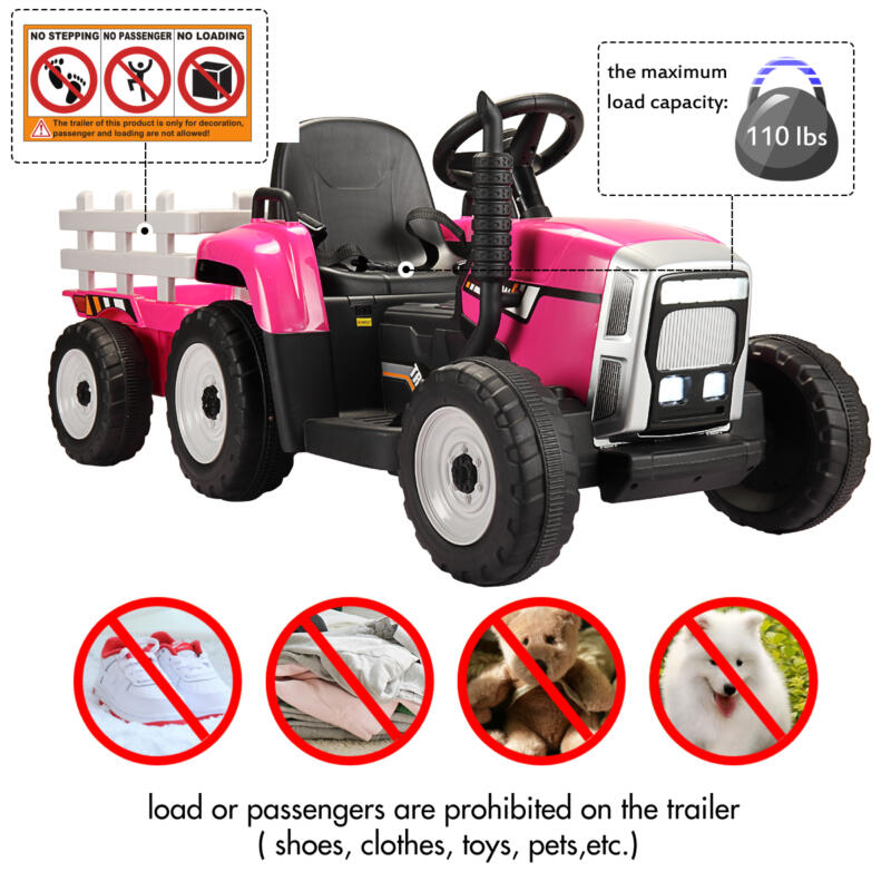 Tobbi 12V Kids Power Wheels Tractor Ride On Toy with Trailer Rose Red TH17K0487 zt9