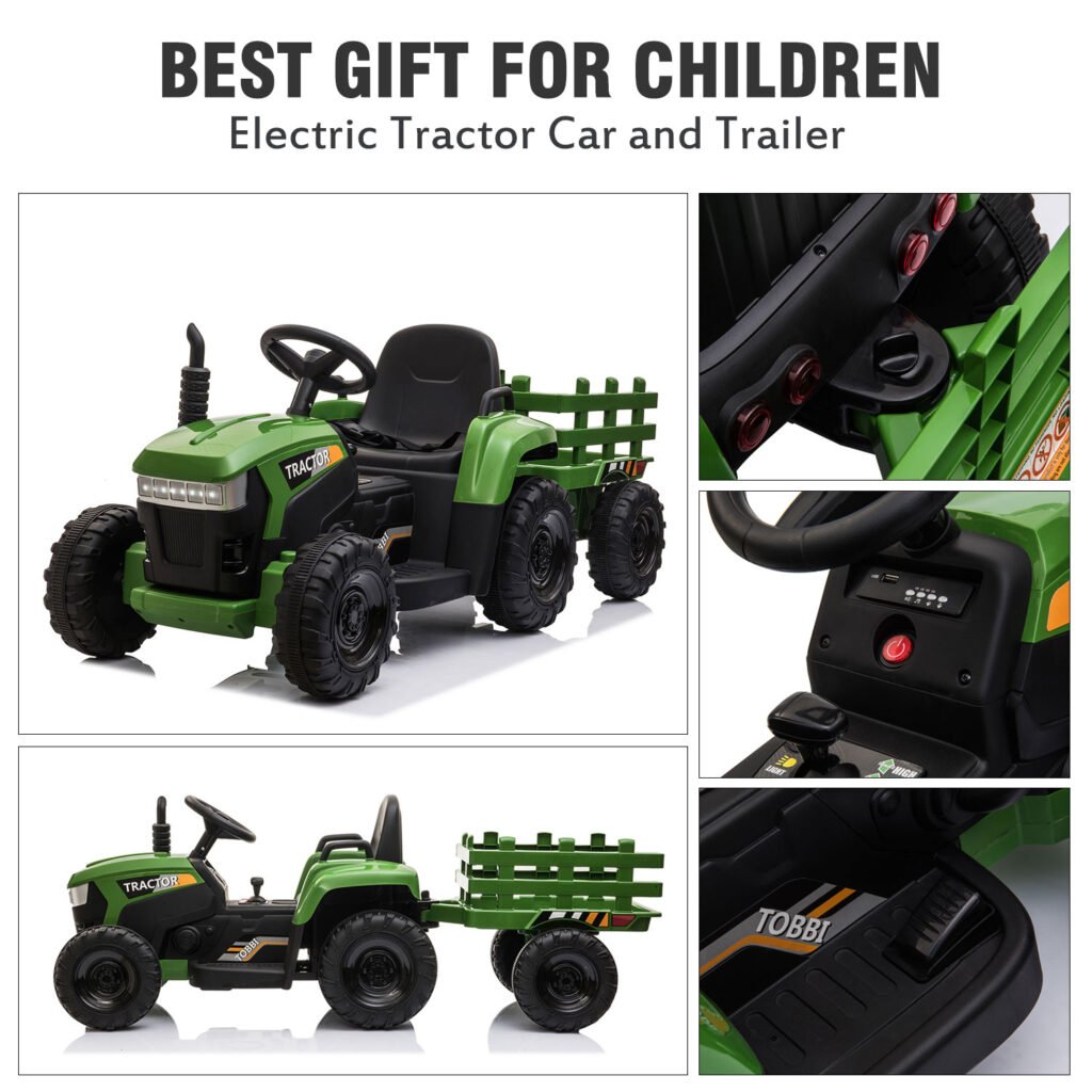 Tobbi 12V Kids Electric Car Battery Powered Tractor Ride On Toy with Trailer, Dark Green TH17P0491 zt3