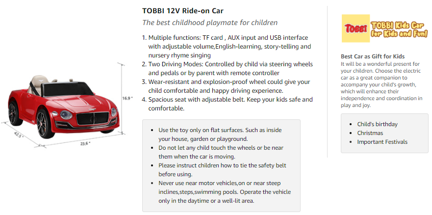 Tobbi 12V Bentley Licensed Electric Kids Ride On Racer Cars Toy with Remote Control, Red adadassdsa