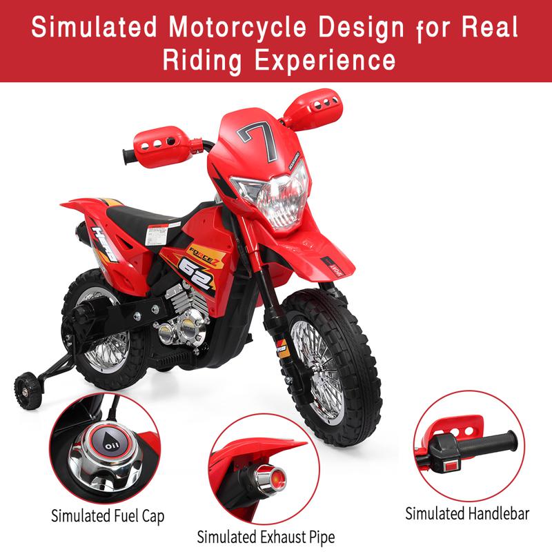 Tobbi Kids Electric Toy Dirt Bike with Training Wheels auxiliary kids ride on motorcycle red 34