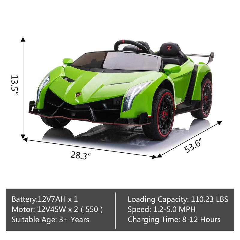 Tobbi 12V Lamborghini Ride On Car With Remote Control 2 Seater, Green lamborghini veneno 12v kids ride on car green 16 1