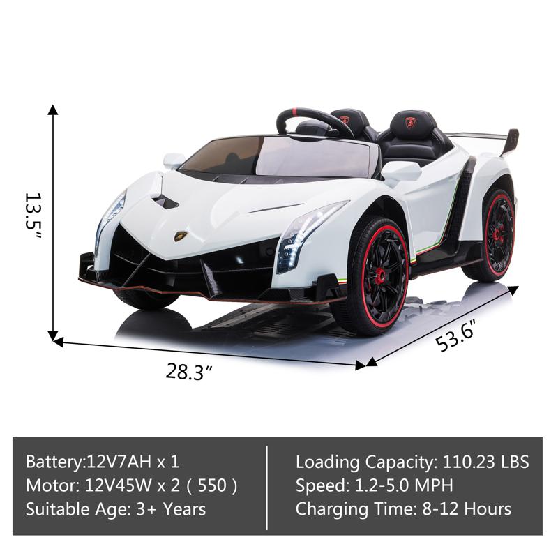Tobbi 12V Lamborghini Ride On Car With Remote Control 2 Seater, White lamborghini veneno 12v kids ride on car white 18 1